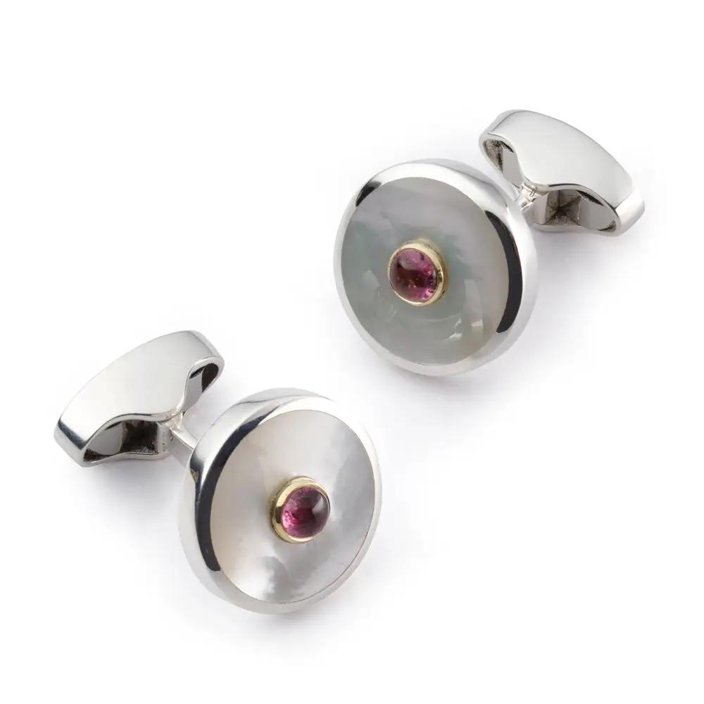 Sterling Silver Cufflinks With Mother Of Pearl And Pink Tourmaline by Benson & Clegg