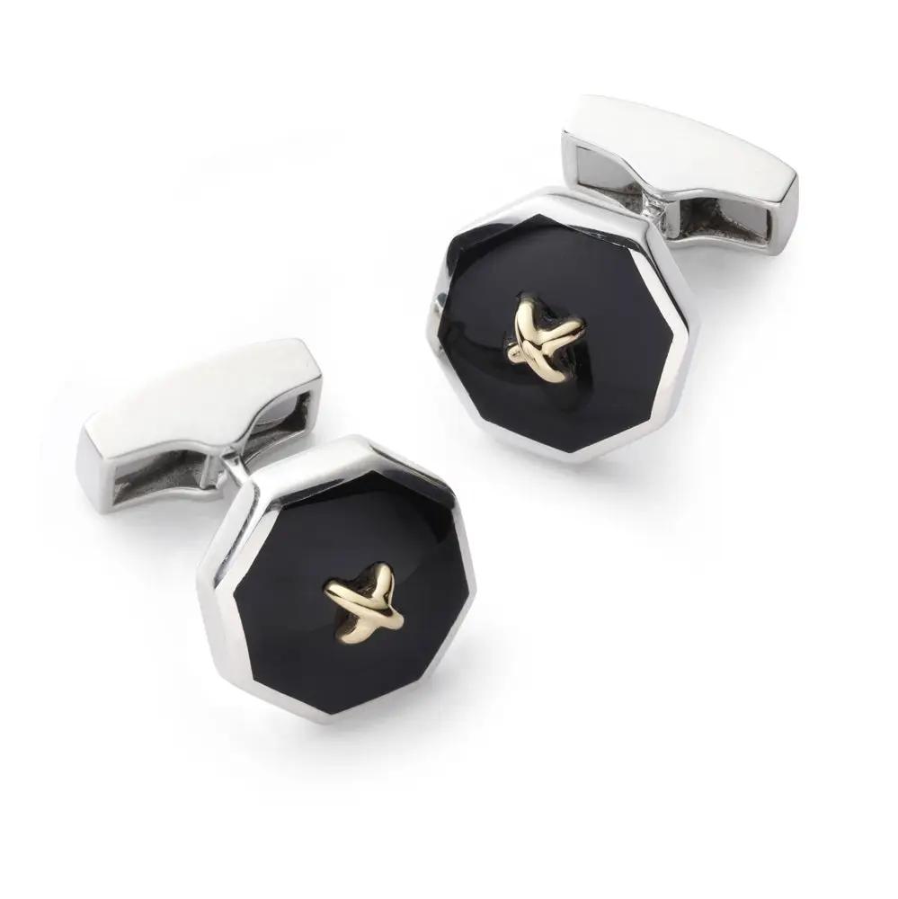 Sterling Silver Cufflinks With Onyx And 9ct Gold by Benson & Clegg