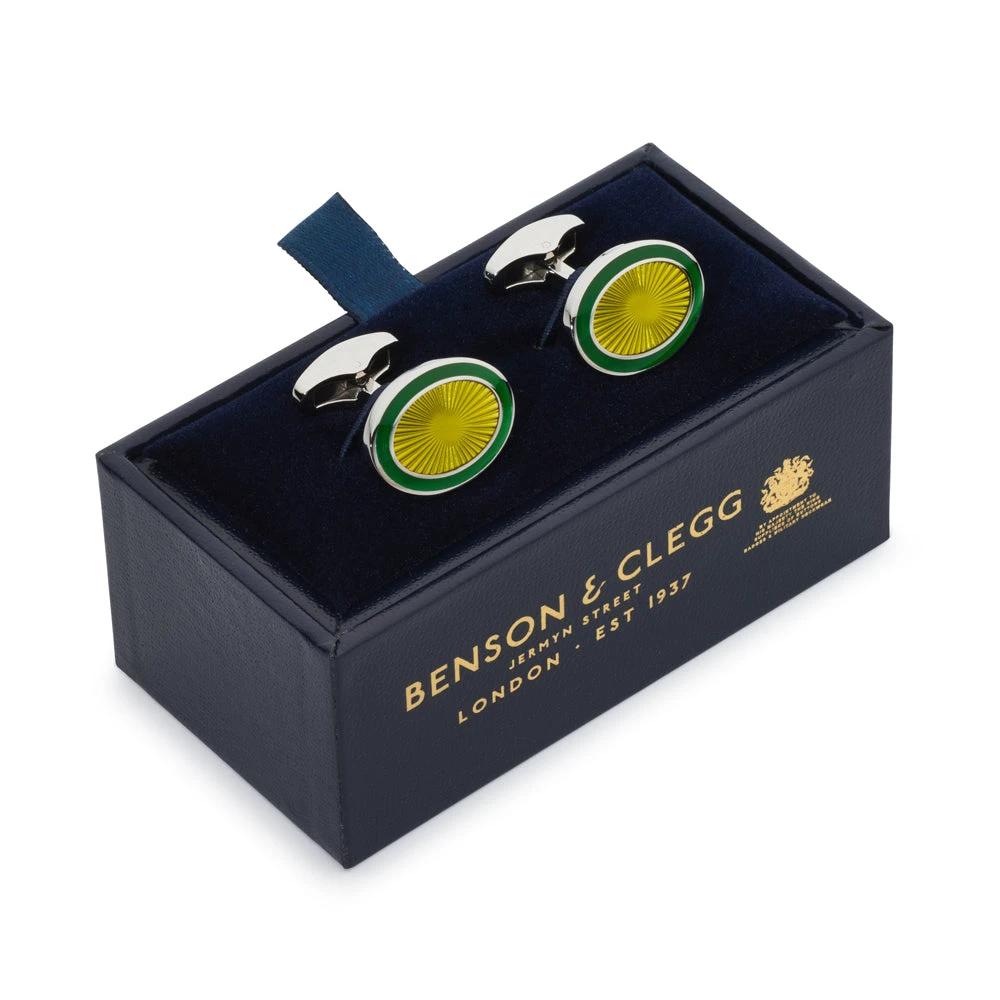 Sunburst Enamel Cufflinks In Emerald by Benson & Clegg