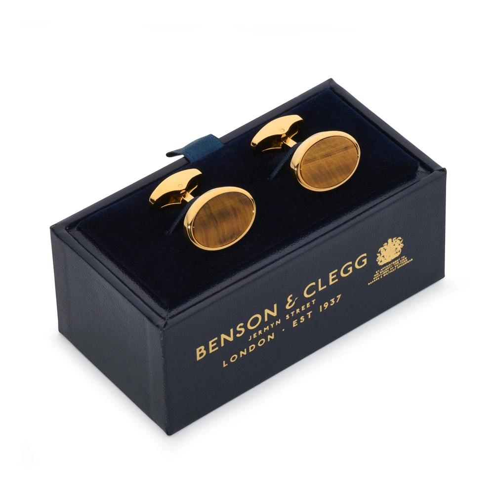 Tiger's Eye Cufflinks In Gold by Benson & Clegg