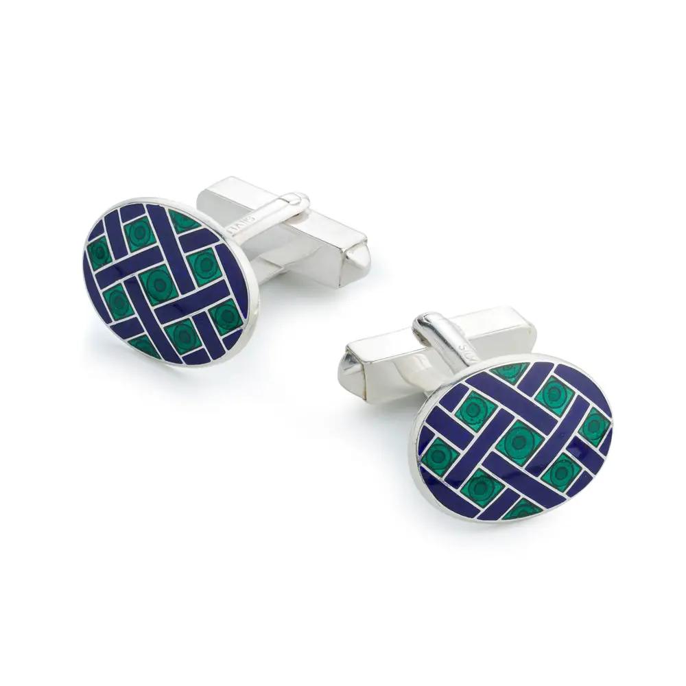 Weave Sterling Silver Cufflinks In Green by Benson & Clegg