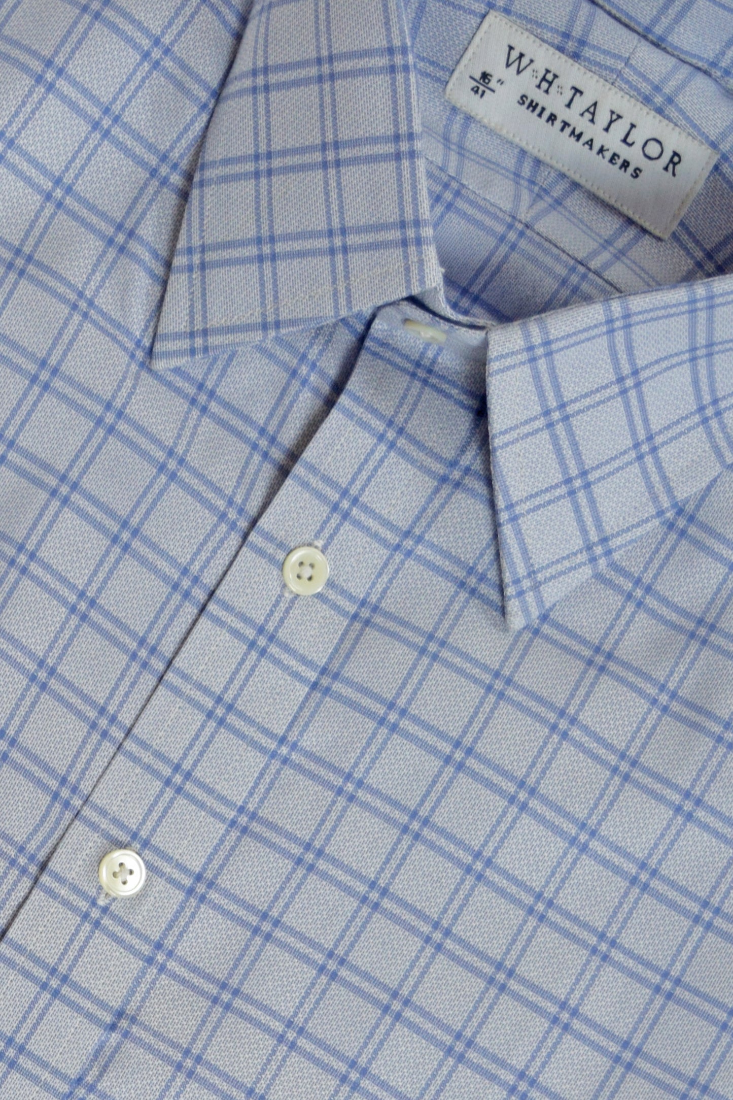 WH Taylor Mens Blue Check Poplin Bespoke Shirt Custom Made