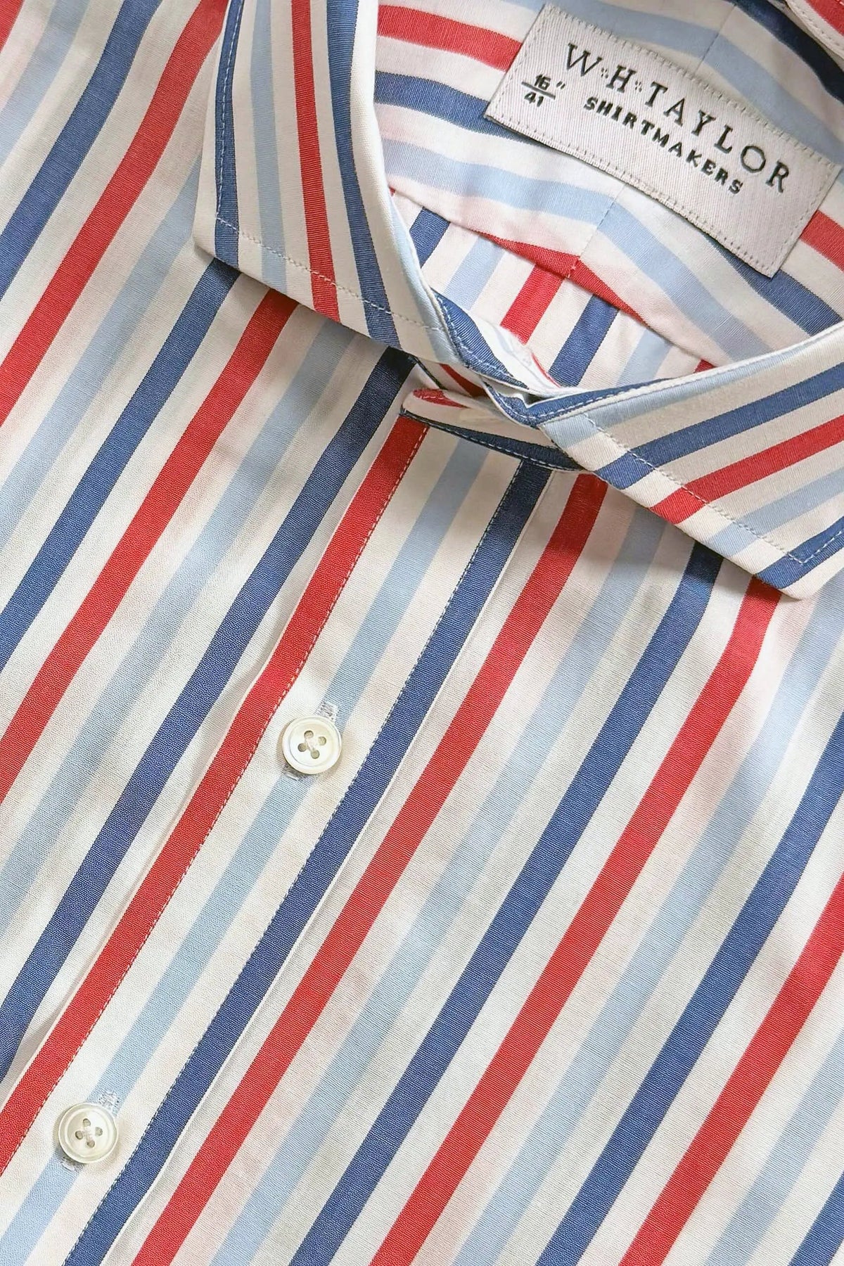 WH Taylor Shirtmakers Navy, Sky & Red Large Candy Stripe Poplin Mens Bespoke Shirt by whtshirtmakers.com