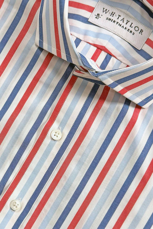 WH Taylor Shirtmakers Navy, Sky & Red Large Candy Stripe Poplin Mens Bespoke Shirt by whtshirtmakers.com