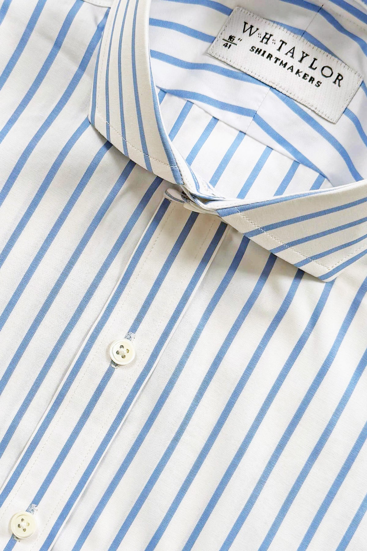 WH Taylor Shirtmakers Blue & White Wide Pinstripe Poplin Men's Bespoke Shirt by whtshirtmakers.com