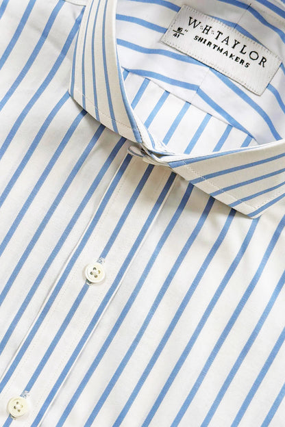 WH Taylor Shirtmakers Blue & White Wide Pinstripe Poplin Men's Bespoke Shirt by whtshirtmakers.com
