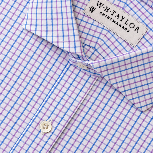 WH Taylor Shirtmakers Blue Lilac Windowpane Check Poplin Men's Bespoke Shirt by whtshirtmakers.com