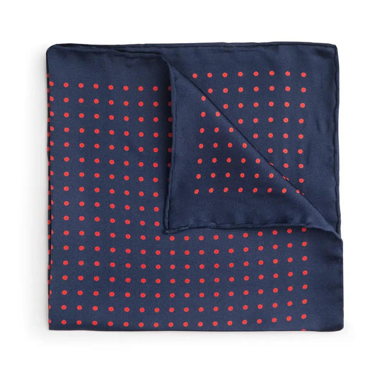 Navy With Red Polka Dot Silk Pocket Square by Benson & Clegg