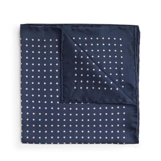 Navy With White Polka Dot Silk Pocket Square by Benson & Clegg