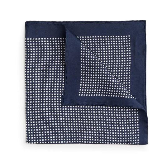 Navy With Cream Houndstooth Silk Pocket Square by Benson & Clegg