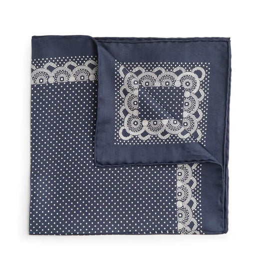 Navy With White Polka Dot & Border Silk Pocket Square by Benson & Clegg