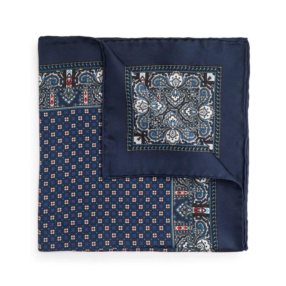 Navy Blue Design Silk Pocket Square by Benson & Clegg