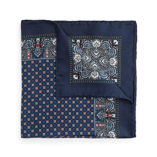 Navy Blue Design Silk Pocket Square by Benson & Clegg