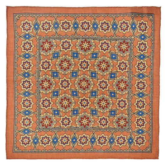 Floral Design In Burnt Orange (Wool & Silk Mix) Pocket Square by Benson & Clegg