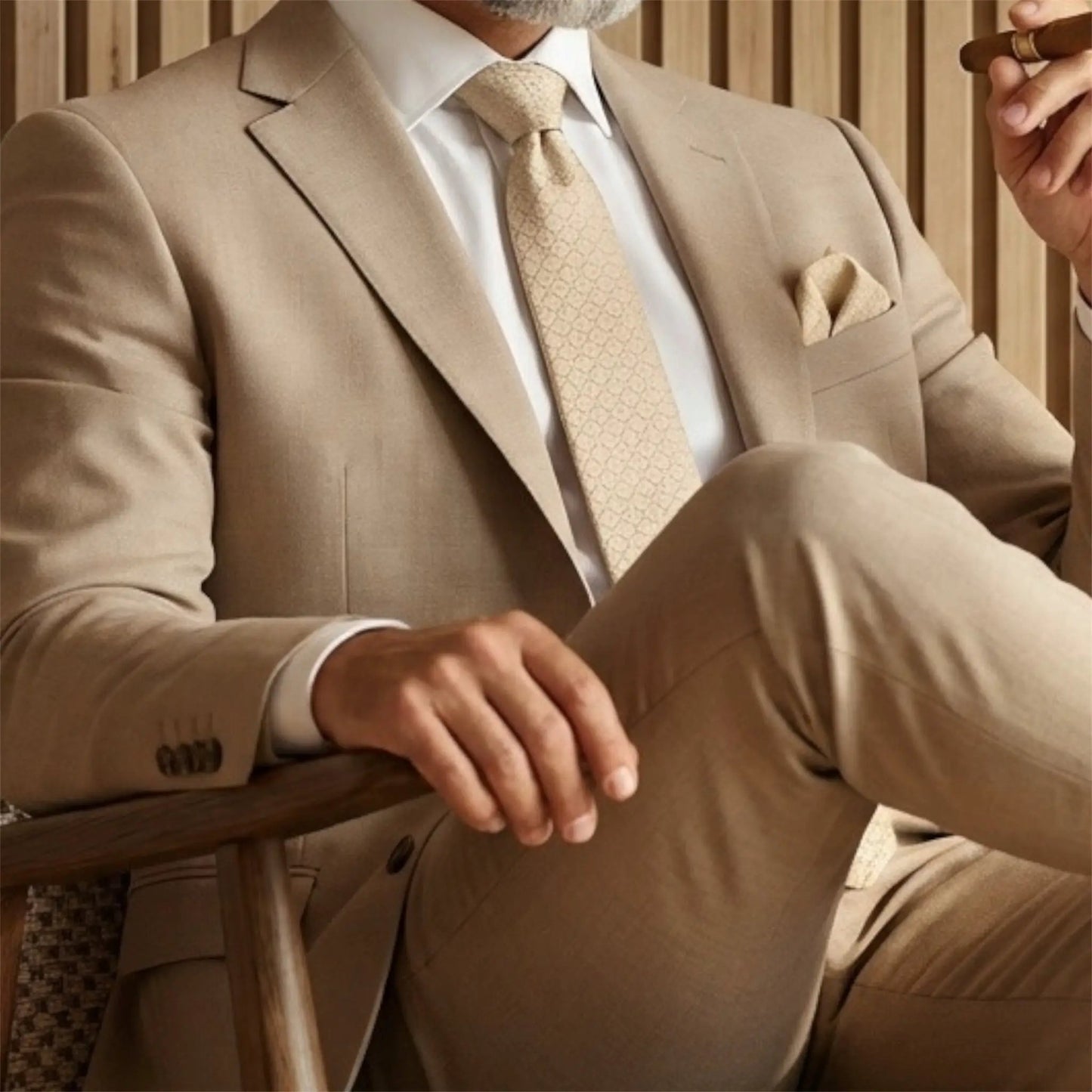 Beige Textured Pocket Square by OFL Ties