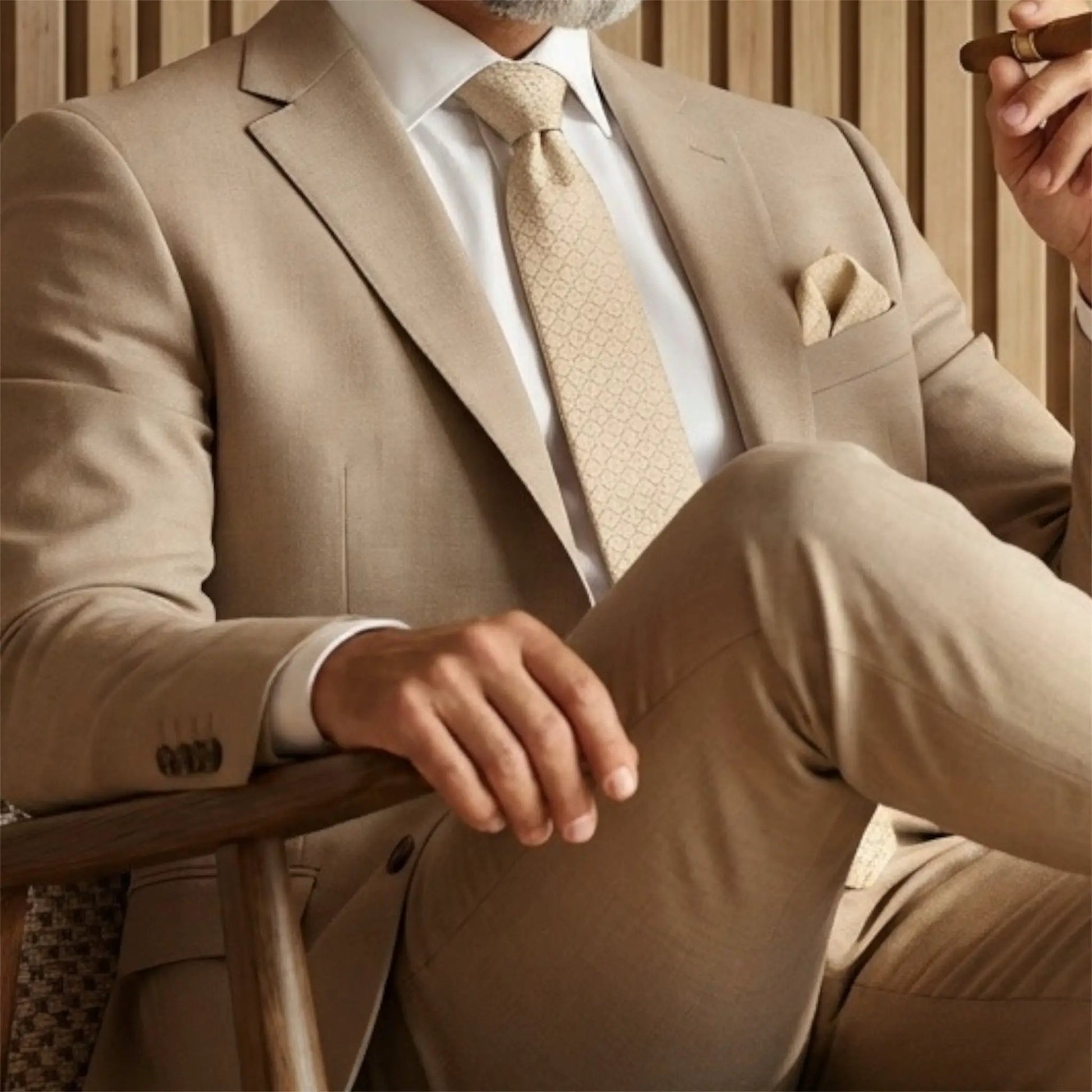 Beige Textured Pocket Square by OFL Ties