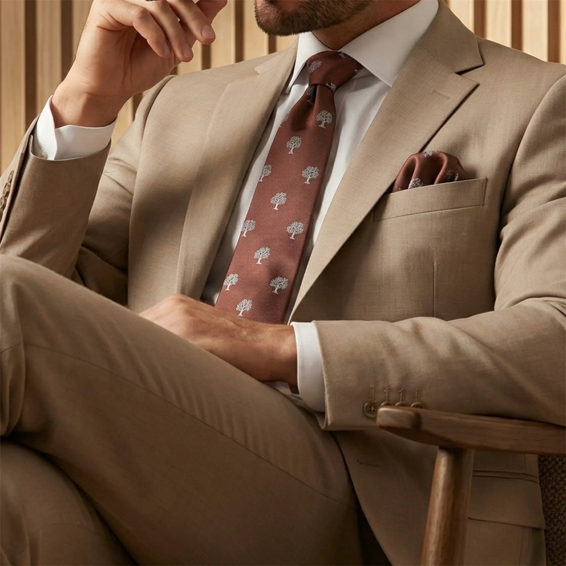 Tree Pocket Square Brown & White by OFL Ties