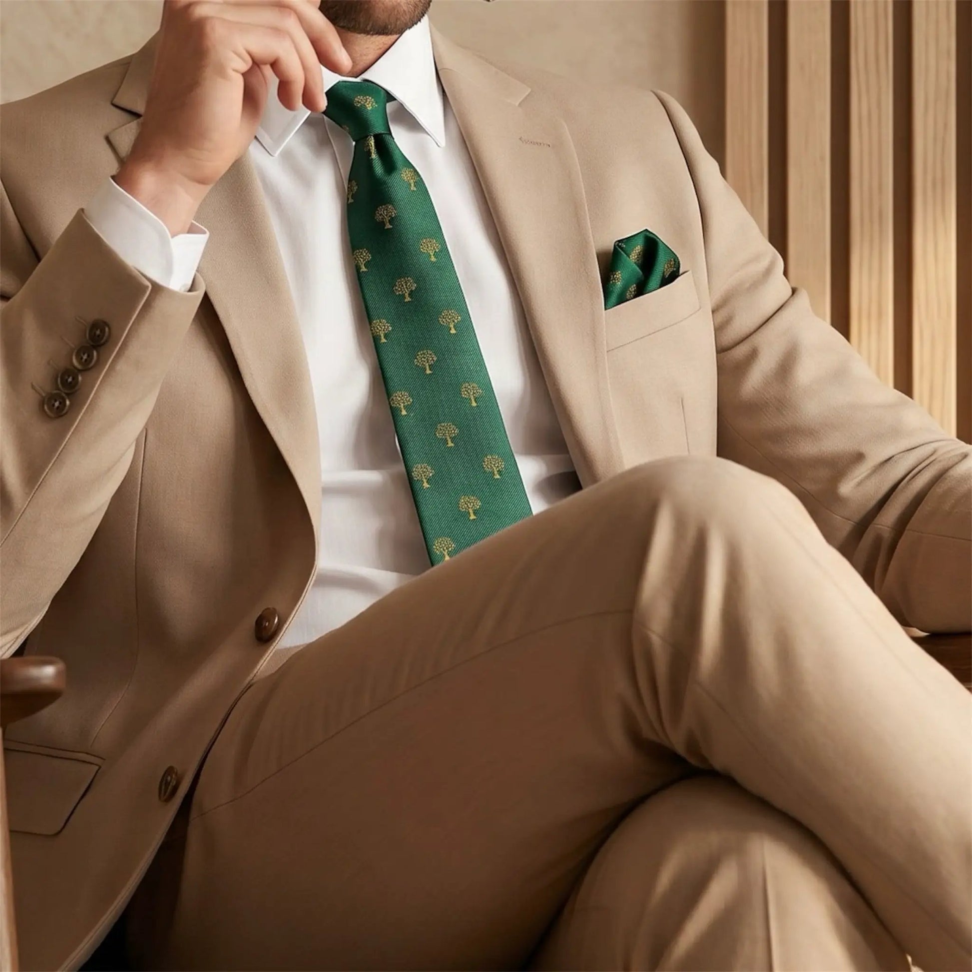 Tree Pocket Square Green & Gold by OFL Ties
