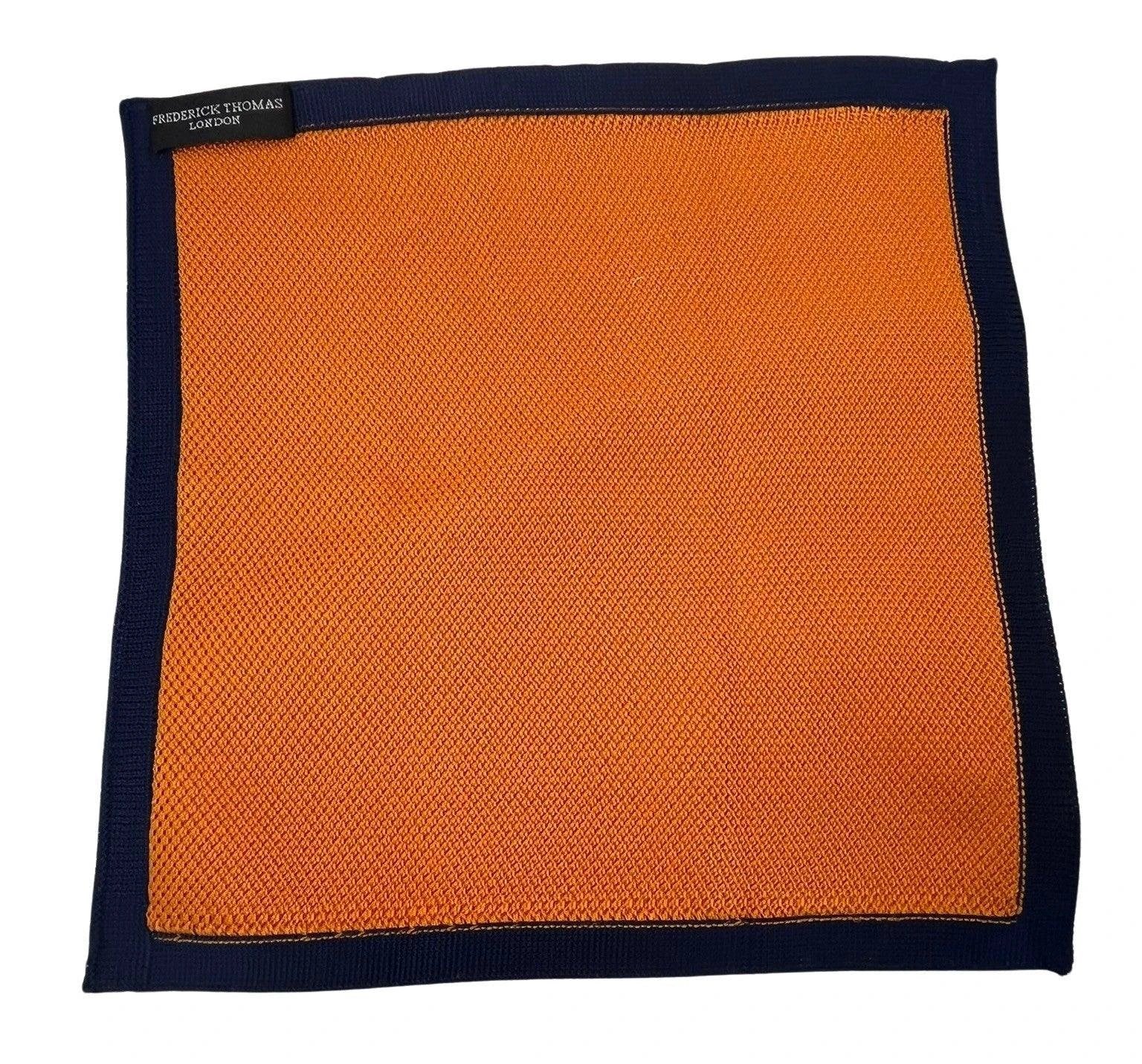 orange knitted pocket square with navy dark blue edging by Frederick Thomas Handmade Mens Ties