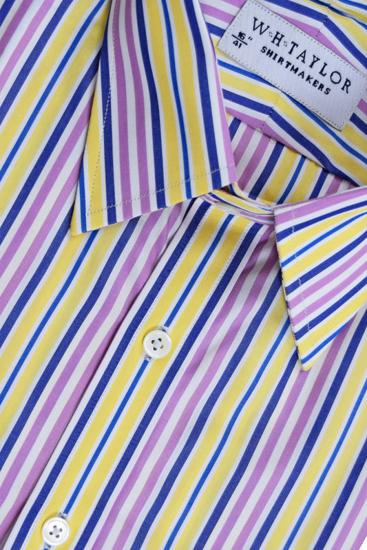 WH Taylor mens blue lilac & yellow striped cotton poplin bespoke dress shirt