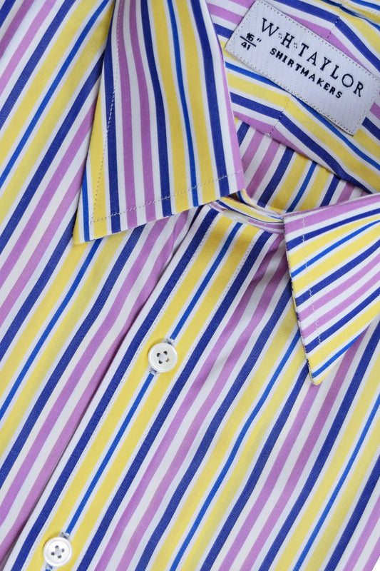 WH Taylor Mens Blue Lilac And Yellow Stripe Cotton Poplin Dress Shirt by whtshirtmakers.com