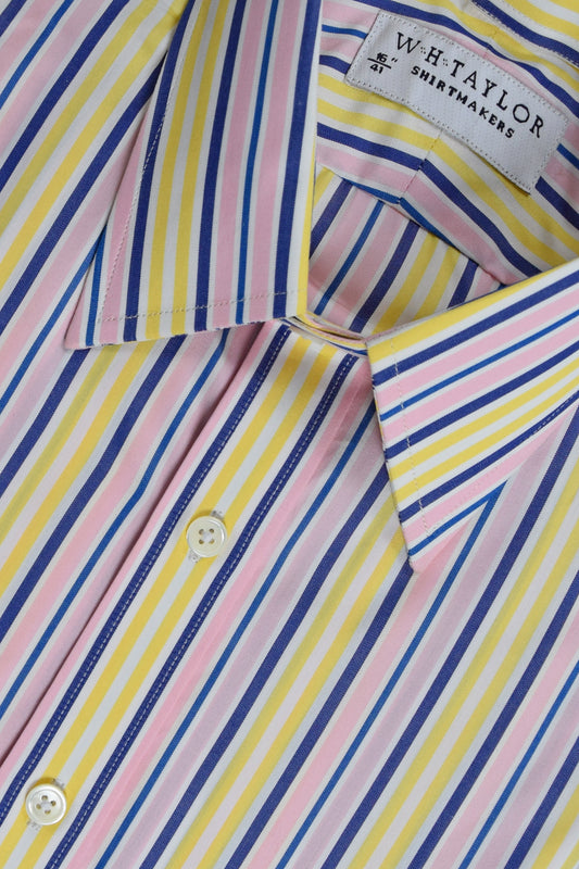 WH Taylor Mens Blue, Pink & Yellow Stripe Cotton Poplin Bespoke Dress Shirt
