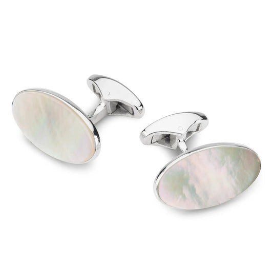 Mother of Pearl Sterling Silver Oval Cufflinks by Benson & Clegg