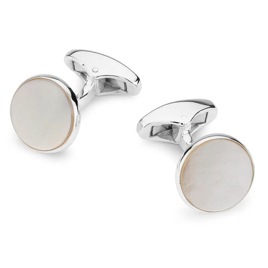 Mother of Pearl Sterling Silver Round Cufflinks by Benson & Clegg