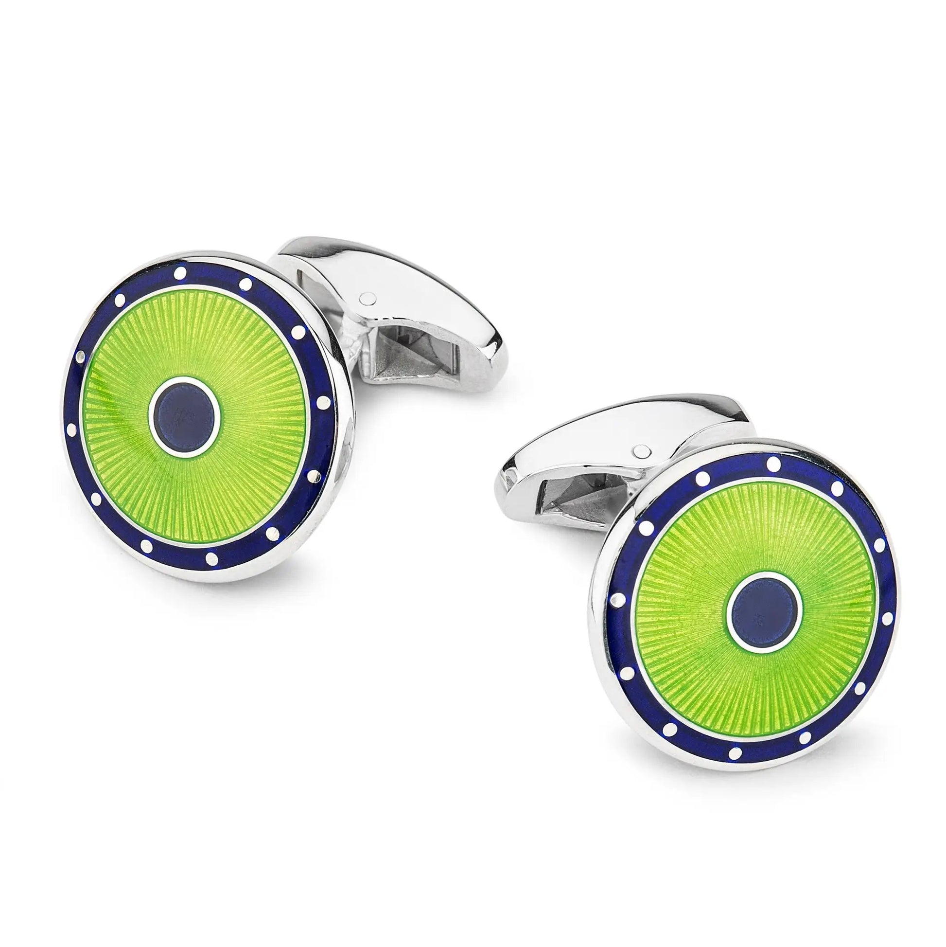 Domed Guilloche Sterling Silver Cufflinks In Green by Benson & Clegg