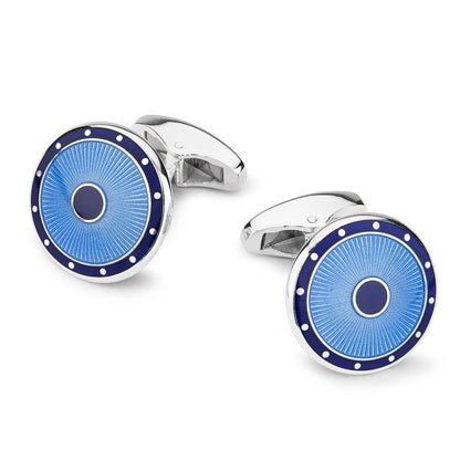 Domed Guilloche Sterling Silver Cufflinks In Blue by Benson & Clegg