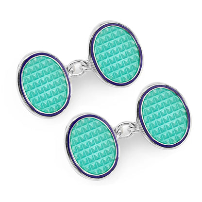 Oval Cloisonne Sterling Silver Chain Cufflinks In Turquoise by Benson & Clegg