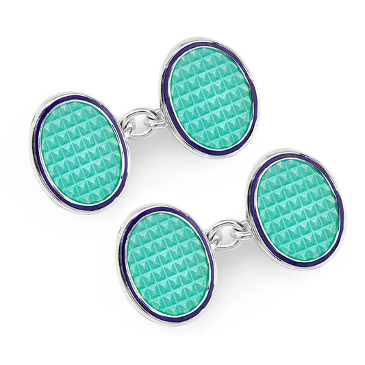 Oval Cloisonne Sterling Silver Chain Cufflinks In Turquoise by Benson & Clegg