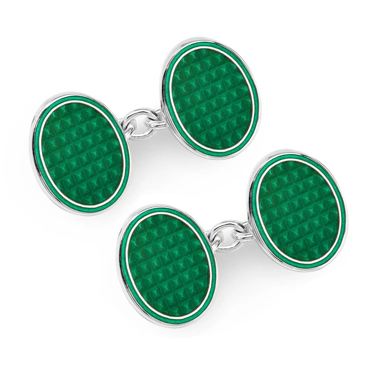 Oval Cloisonne Sterling Silver Chain Cufflinks In Green by Benson & Clegg