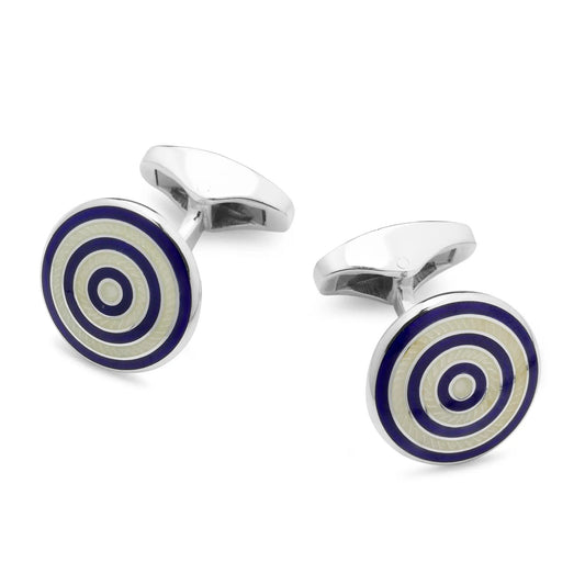 Guilloche Roundel Sterling Silver Cufflinks In Navy & Cream by Benson & Clegg