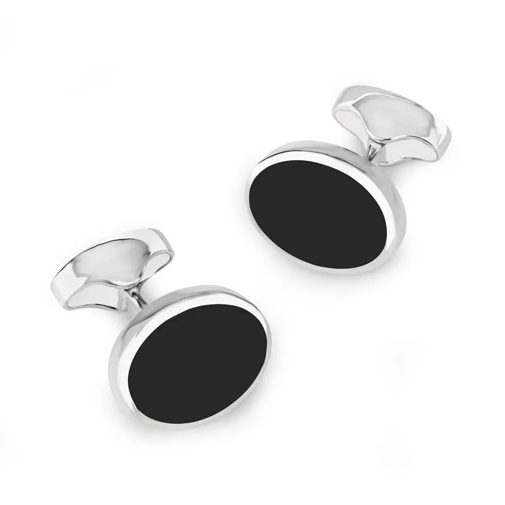 Sterling Silver Oval Cufflinks With Onyx by Benson & Clegg