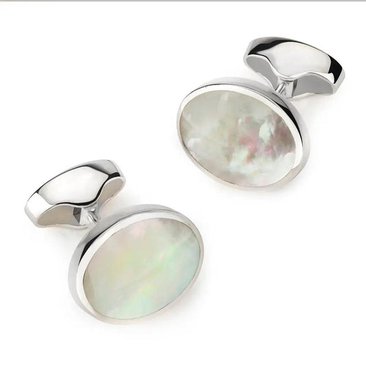 Sterling Silver Oval Cufflinks With Mother Of Pearl by Benson & Clegg