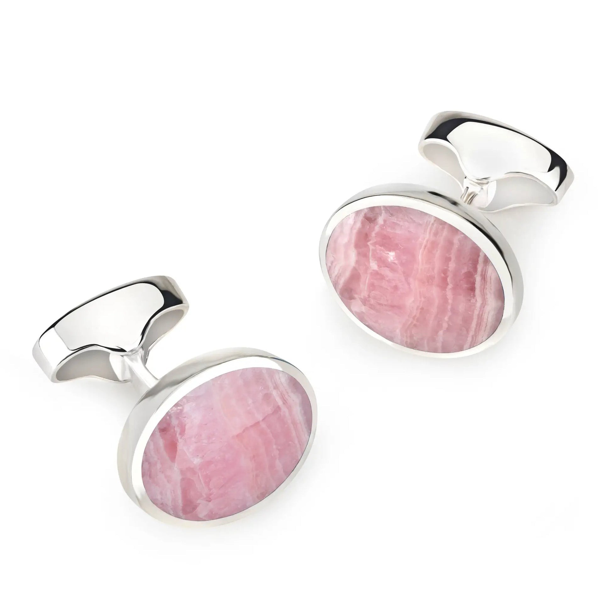 Sterling Silver Oval Cufflinks With Rhodochrosite by Benson & Clegg
