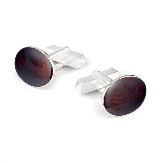 Hammered Sterling Silver Cloisonne Cufflinks In Burgundy by Benson & Clegg