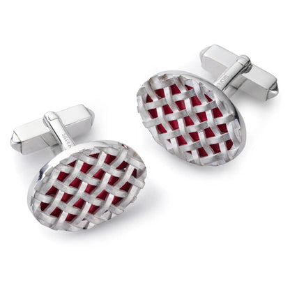 Crossweave Sterling Silver Cufflinks In Red by Benson & Clegg