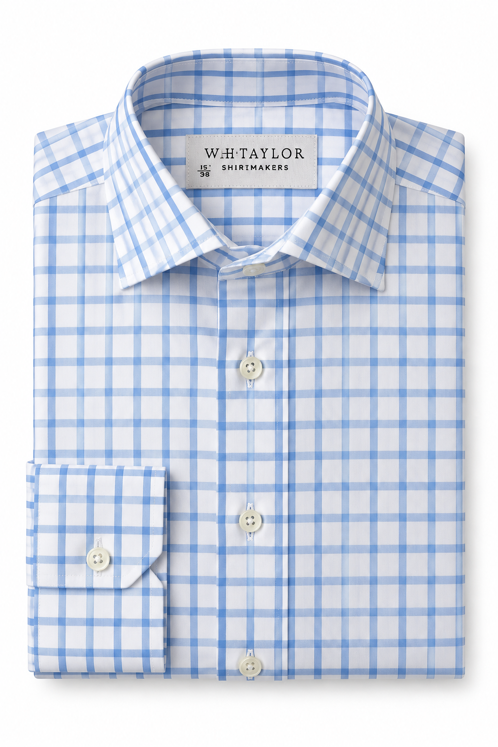 WH Taylor Shirtmakers Sky Windowpane Check Poplin Men's Bespoke Shirt by whtshirtmakers.com