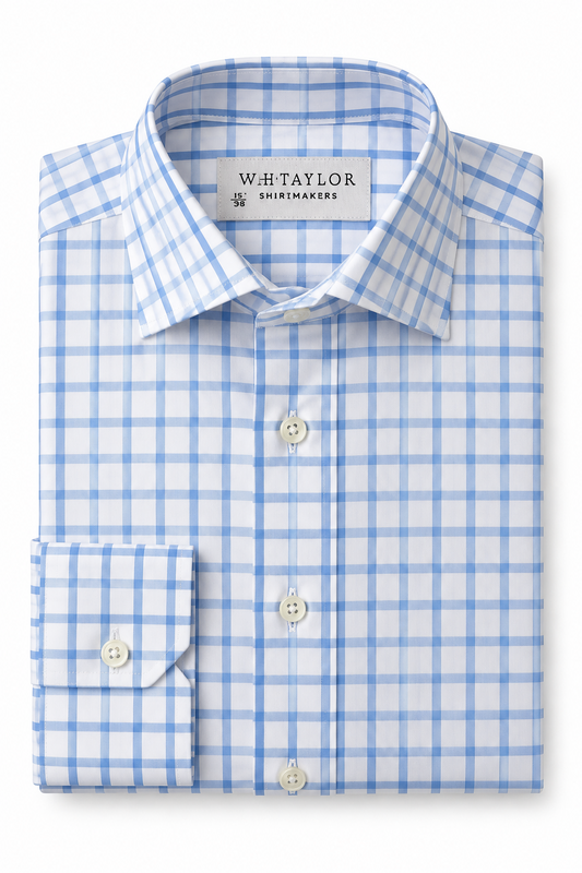 WH Taylor Shirtmakers Sky Windowpane Check Poplin Men's Bespoke Shirt by whtshirtmakers.com