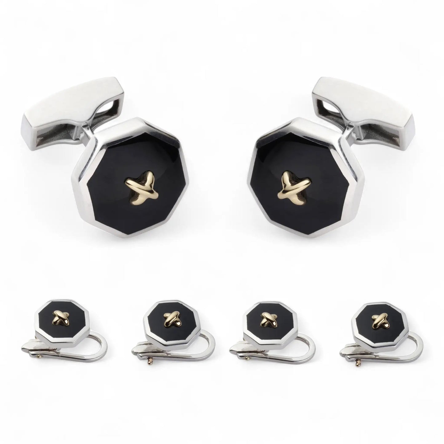 Sterling Silver And Onyx With 9ct Gold Stitch Dress Set by Benson & Clegg