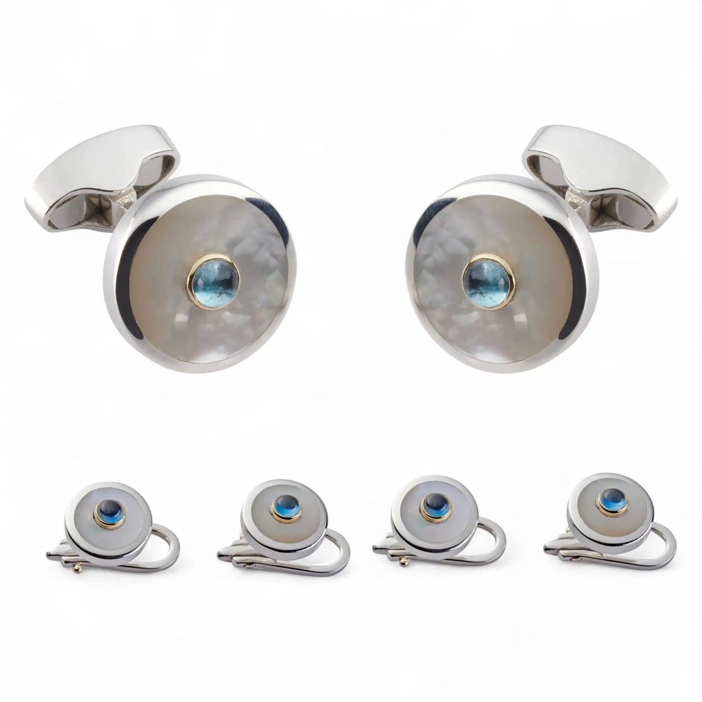 Sterling Silver And Mother Of Pearl With Blue Topaz Dress Set by Benson & Clegg
