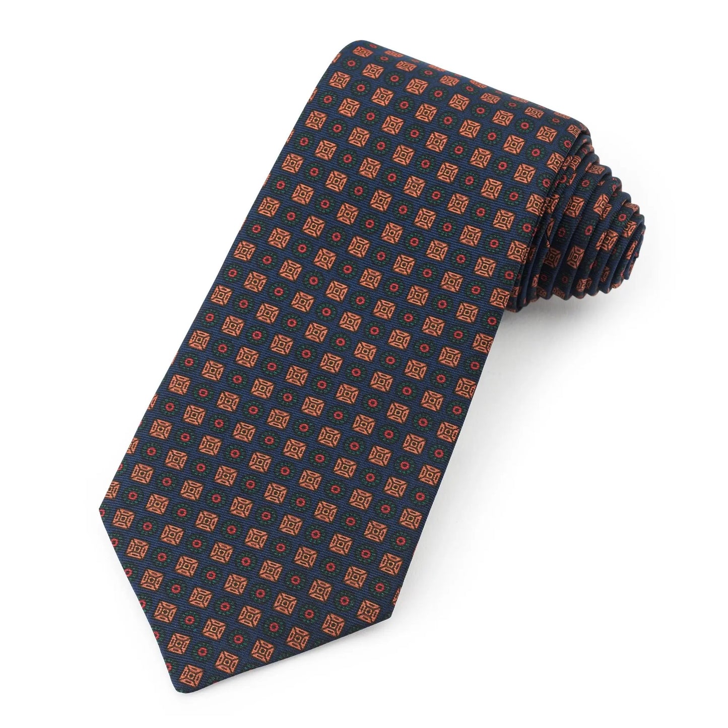 Square And Circle Ancient Madder Silk Tie In Navy by Benson & Clegg