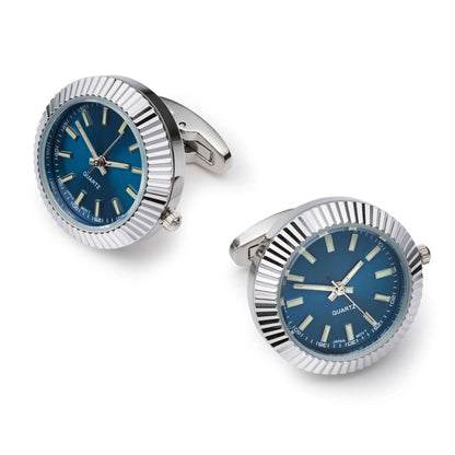 Working Watch Cufflinks In Silver And Blue - Functional Quartz Movement For Dress Or Gift For Him by Benson & Clegg