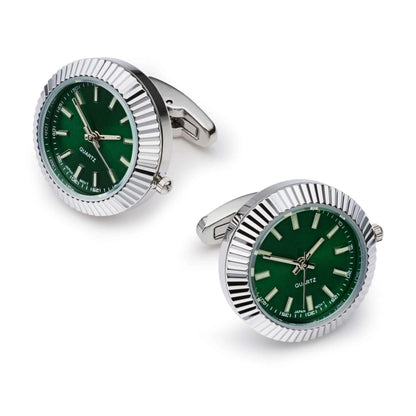 Luxury Functional Watch Cufflinks In Silver And Green - Premium Quartz Movement With Two-Year Battery Life by Benson & Clegg