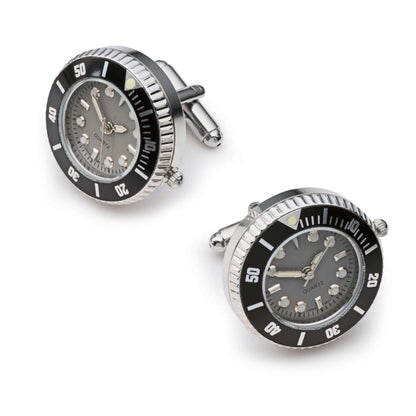 Working Watch Cufflinks in Silver and Grey - Fully Functional Quartz Movement with Two Year Battery Life by Benson & Clegg