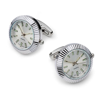 Silver And White Luxury Working Watch Cufflinks - Fully Functional Quartz Movement Operated By Crown by Benson & Clegg