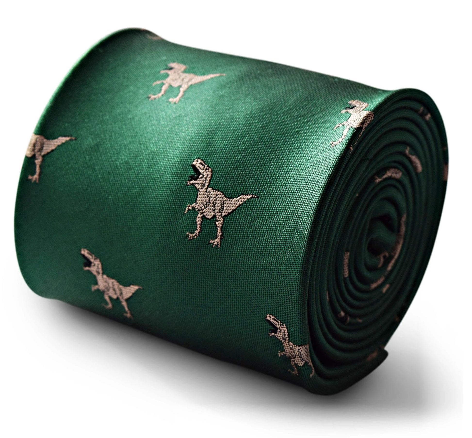 Green Tie with T-Rex Dinosaur Print Design by Frederick Thomas Handmade Mens Ties