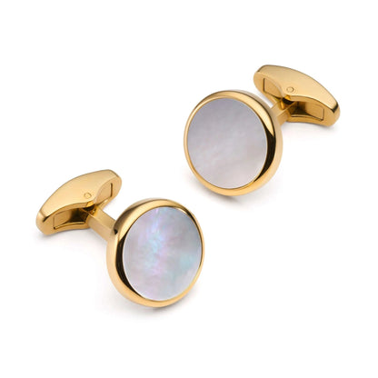 Mother Of Pearl Round Cufflinks In Gold - Timeless Elegance For Formal Attire And Events by Benson & Clegg